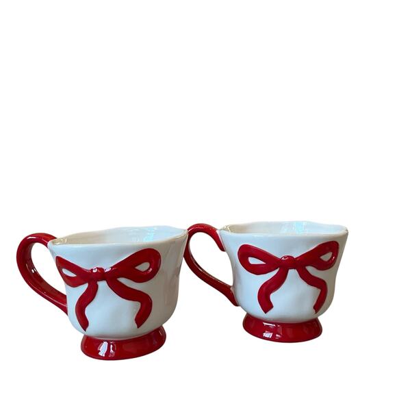 Hand Painted RED BOW Mug Set of 2 Christmas Holiday Glam New - Picture 4 of 16